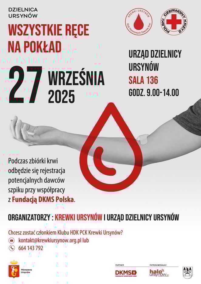 Zbiórkę krwi organizuje Klub Honorowych Dawców Krwi „Krewki Ursynów” przy wsparciu Urzędu Dzielnicy 