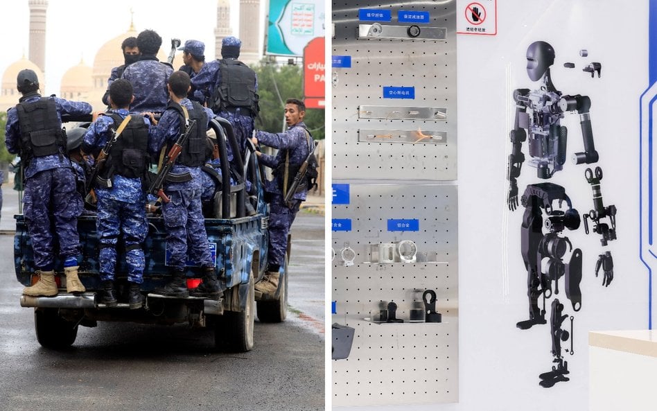 Bojownicy Huti na pick-upie patrolują ulice stolicy Sany. Z prawej robot bioniczny w centrum innowac