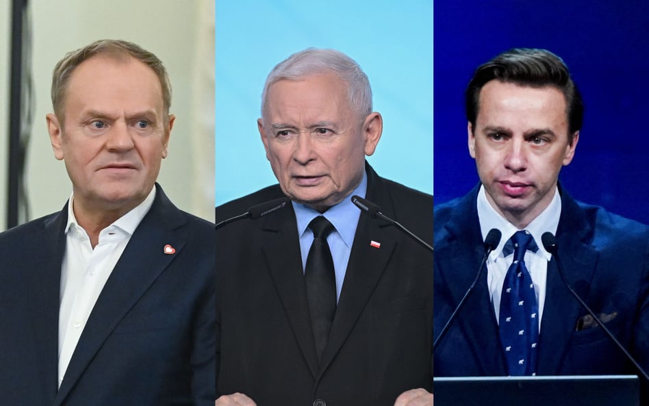 Donald Tusk, Jarosław Kaczyński, Krzysztof Bosak - liderzy formacji cieszących się według sondażu na