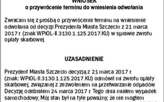 Wzór – wniosek o przywrócenie terminu