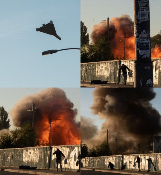 Cztery zdjęcia fotoreportera AFP Yasuyoshiego Chiby ukazujące moment ataku drona w Kijowie