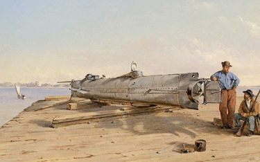 Obraz autorstwa Conrada Wise Chapmana „Podwodny torpedowiec H.L. »Hunley«”. Wrak okrętu został odnal