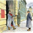 Gen. Hans von Beseler wita Józefa Piłsudskiego przed Zamkiem Królewskim w Warszawie. Na ścianie widn