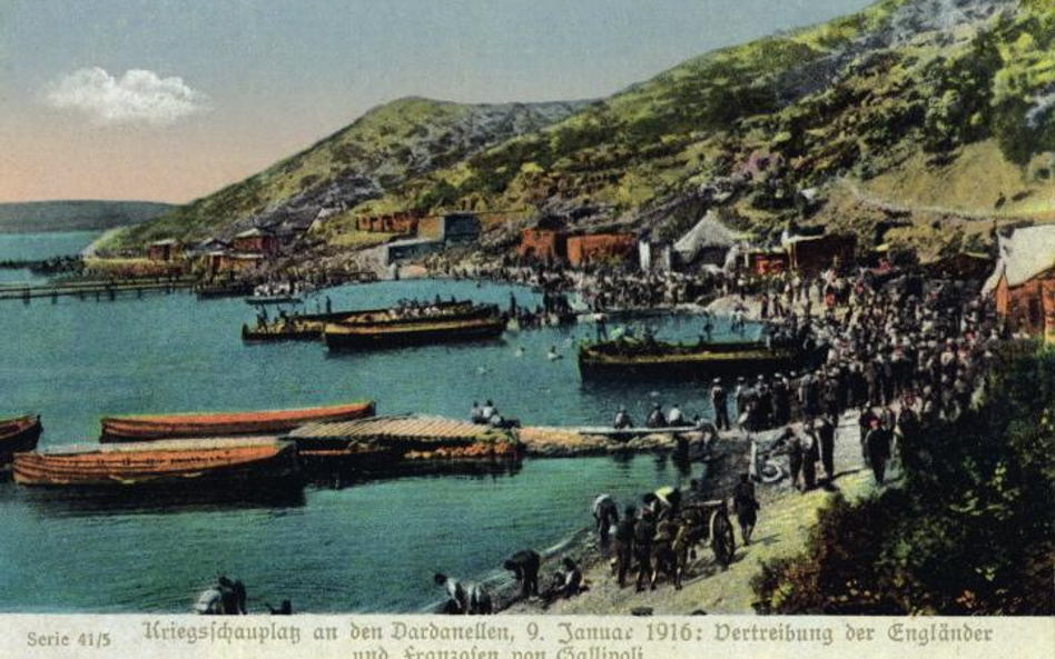 Ewakuacja sił alianckich z Gallipoli, 8 stycznia 1916 r., niemiecka pocztówka propagandowa