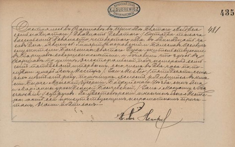 Metryka zgonu Jana Mestera. Rok 1894, księgi parafialne nadal prowadzić trzeba cyrylicą