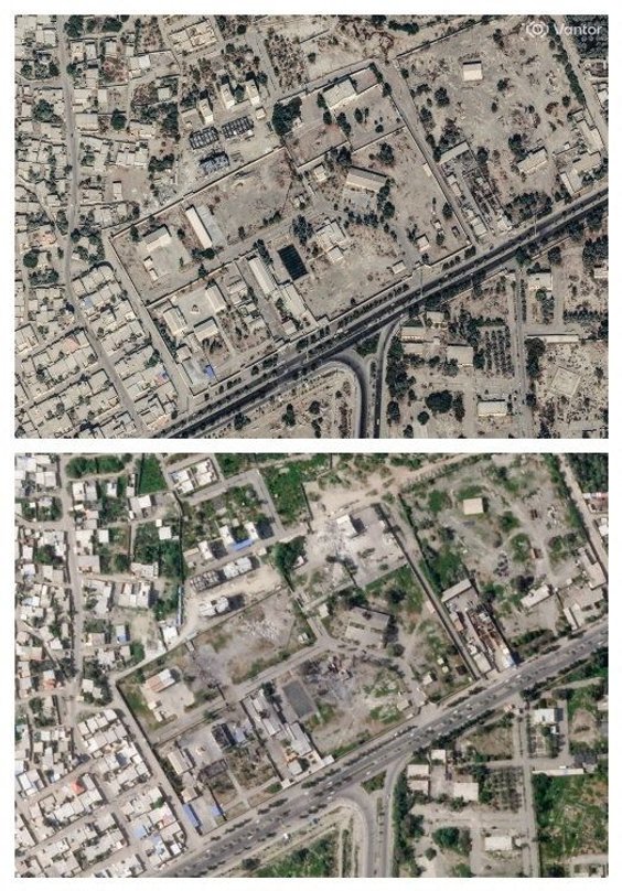Zdjęcia satelitarne pokazujące szkołę w Minab przed atakiem i po ataku z 28 lutego