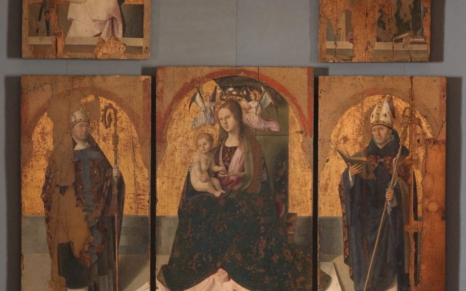 Pięć zachowanych części obrazu „Polittico di San Gregorio” Antonella da Messiny z 1473 roku. Trzy z 