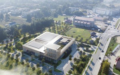 Gmach pływalni i jego otoczenia z lotu ptaka