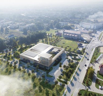 Gmach pływalni i jego otoczenia z lotu ptaka