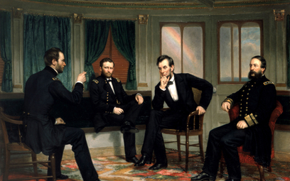 „Peacemakers”, obraz George’a Petera Healy’ego z 1868 r. Od lewej siedzą: gen. dyw. William T. Sherm
