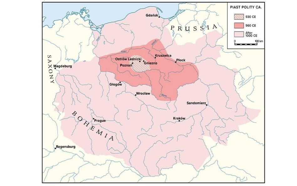 Rozwój terytorialny pierwszego państwa piastowskiego. Źródło: PNAS