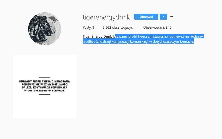 Tiger usuwa profil na Instagramie