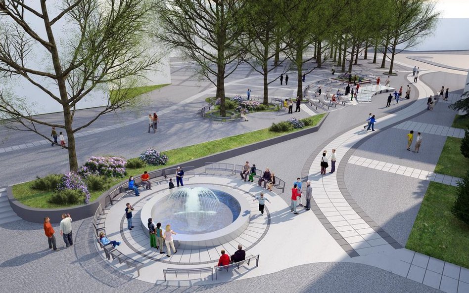 Wizualizacja przebudowanej Filharmonii Lubuskiej wraz z nowym deptakiem.