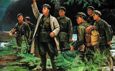 Kim Ir Sen z towarzyszami, propagandowe malowidło północnokoreańskie