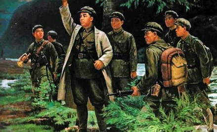 Kim Ir Sen z towarzyszami, propagandowe malowidło północnokoreańskie