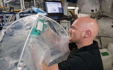Kosmonauta Alexander Gerst podczas prac nad eksperymentem dotyczącym krzepnięcia cementu w warunkach