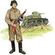 Radziecki czołgista z amerykańskim pistoletem maszynowym Thompson M1921, w tle amerykański czołg lek