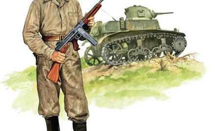 Radziecki czołgista z amerykańskim pistoletem maszynowym Thompson M1921, w tle amerykański czołg lek