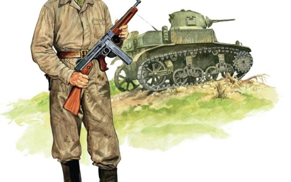 Radziecki czołgista z amerykańskim pistoletem maszynowym Thompson M1921, w tle amerykański czołg lek