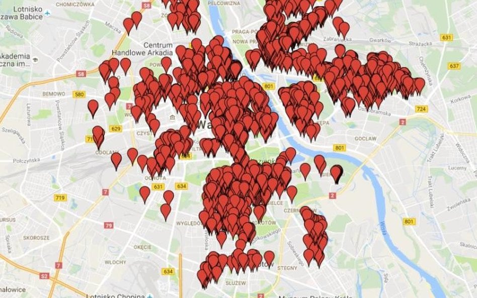 Mapa warszawskich adresów, do których są roszczenia