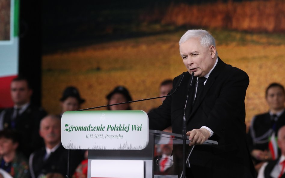 Prezes PiS Jarosław Kaczyński przemawia na Zgromadzeniu polskiej wsi