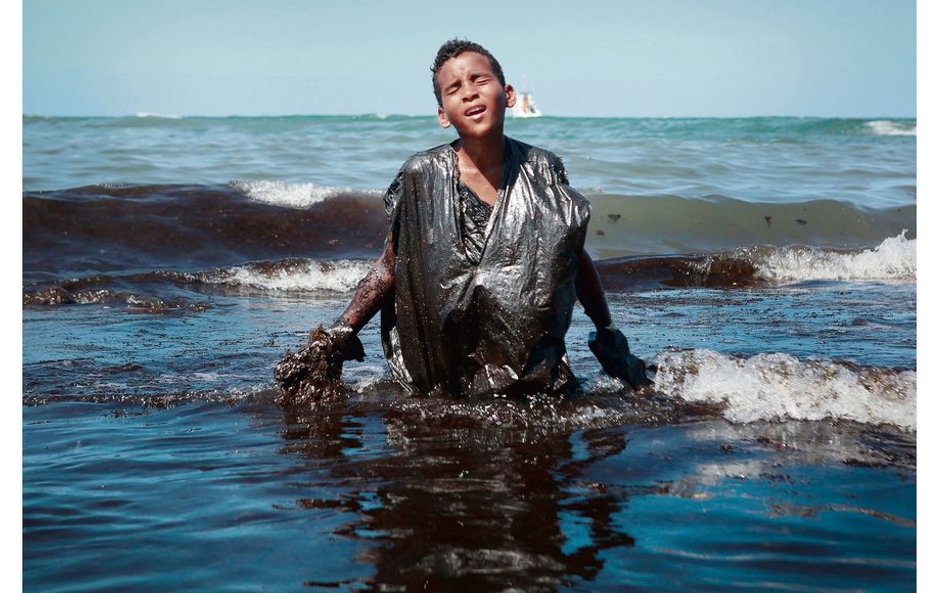 Chłopiec wychodzi z morza podczas usuwania plamy ropy na plaży Itapuama niedaleko Cabo de Santo Agos