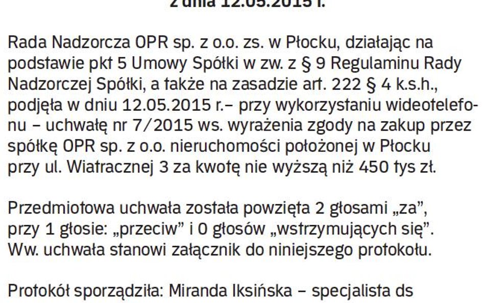 Wzór protokołu z korespondencyjnego posiedzenia rady nadzorczej
