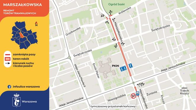 Po zakończeniu wszystkich prac na Marszałkowskiej kierowcy będą mieli po dwa pasy ruchu w każdym kie