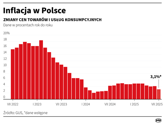 Ceny towarów i usług konsumpcyjnych w lipcu 2025 r. wzrosły rdr o 3,1 proc., a w porównaniu z poprze