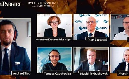 Andrzej Stec, redaktor naczelny „Parkietu” i uczestnicy debaty „Finansowy rynek przyszłości”