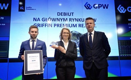 Debiut Griffin Premium RE na GPW. Od lewej: Rafał Pomorski, członek zarządu, dyrektor finansowy, Dor