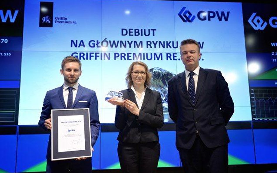 Debiut Griffin Premium RE na GPW. Od lewej: Rafał Pomorski, członek zarządu, dyrektor finansowy, Dor