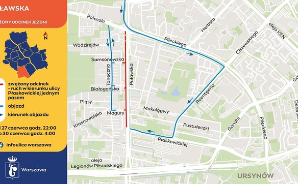 Mapa utrudnień w ruchu przy ul. Puławskiej