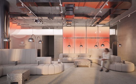 Projekt wnętrz oparto na idei przemijania dnia – od wschodu do zachodu słońca. W lobby zaprojektowan