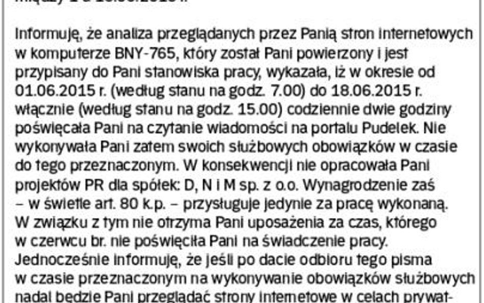 Informacja do pracownika w sprawie jego nagannego zachowania