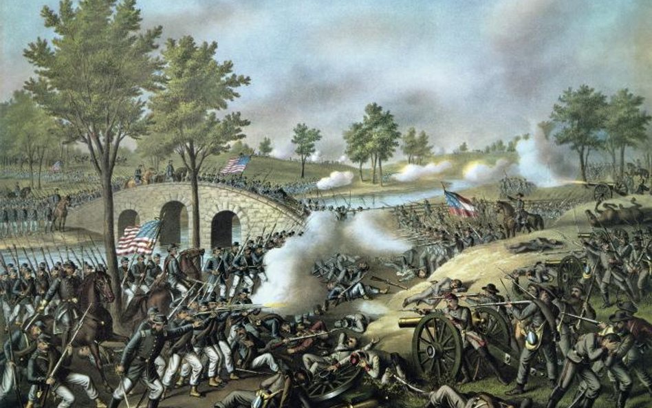 Bitwa nad Antietam – atak federalnego IX korpusu gen. Burnside’a przez most, litografia kolorowana K