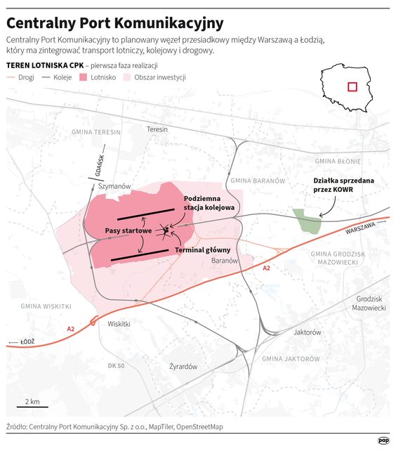 Mapa przedstawiająca CPK i pokazująca, gdzie znajduje się działka sprzedana przez KOWR