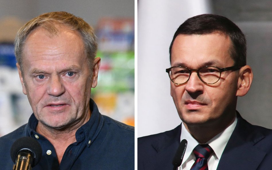 Premier RP Donald Tusk i jego poprzednik Mateusz Morawiecki