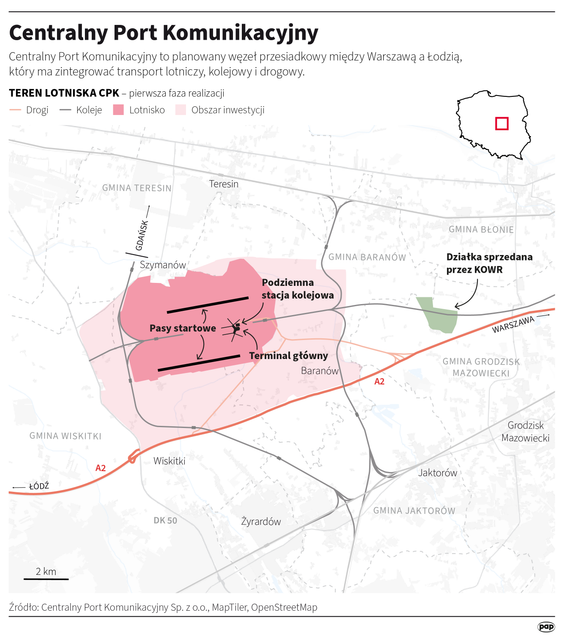Mapa przedstawiająca CPK i pokazująca, gdzie znajduje się działka sprzedana przez KOWR