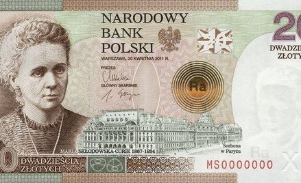 Przednia strona nowego banknotu z wizerunkiem Marii Skłodowskiej-Curie