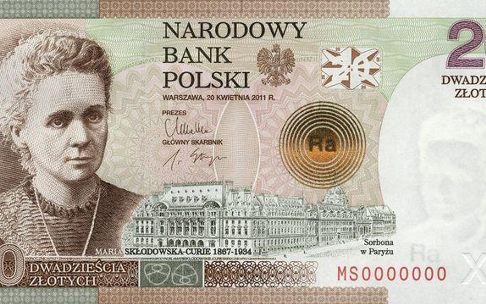 Przednia strona nowego banknotu z wizerunkiem Marii Skłodowskiej-Curie