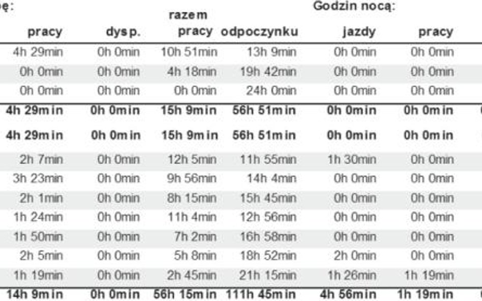 Przykład rejestru aktywności kierowcy