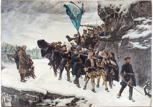 „Przeniesienie do domu króla szwedzkiego Karola XII” – obraz Gustafa Cederströma