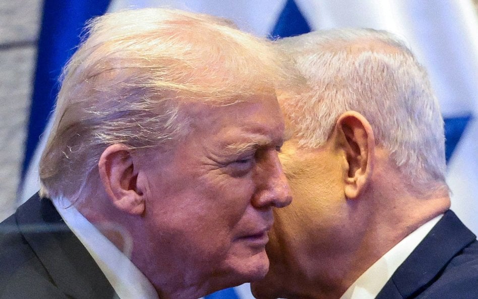 Donald Trump i Beniamin Netanjahu w Knesecie w dniu przemówienia Trumpa, w trakcie wynegocjowanej pr