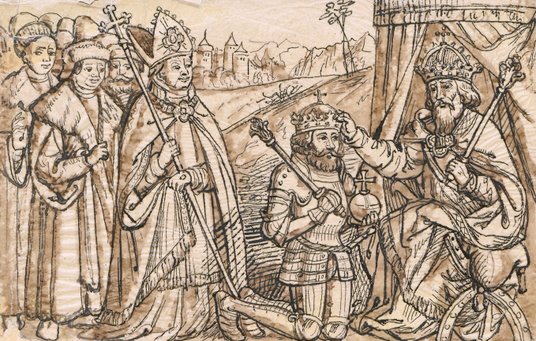 Koronacja Bolesława Chrobrego według drzeworytu zamieszczonego w „Kronice Polaków” („Chronica Polono