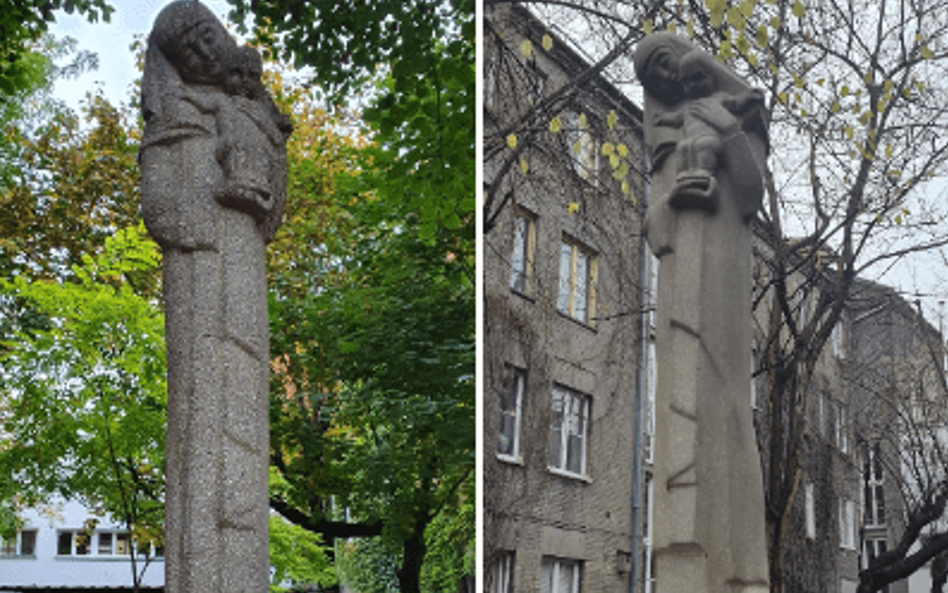 Figura Matki Boskiej z Dzieciątkiem w mokotowskiej kolonii Szare Domy – stan przed renowacją i po ni