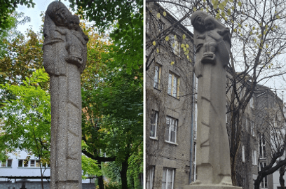 Figura Matki Boskiej z Dzieciątkiem w mokotowskiej kolonii Szare Domy – stan przed renowacją i po ni