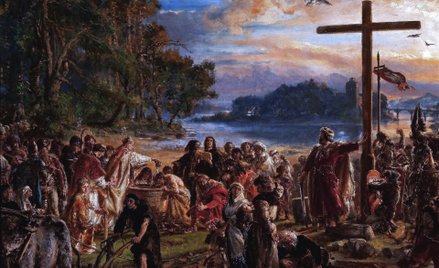 Jan Matejko, „Zaprowadzenie chrześcijaństwa, 965 rok”. Matejko zdecydował się – obok sceny przyjęcia