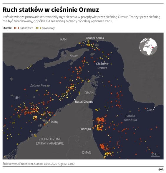 Ruch statków w cieśninie Ormuz (stan na 18 kwietnia 2026)