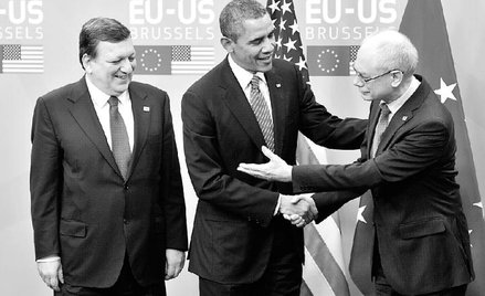 Jose Manuel Barroso, Barack Obama, Herman Van Rompuy podczas szczytu UE-USA w Brukseli, 26 marca 201